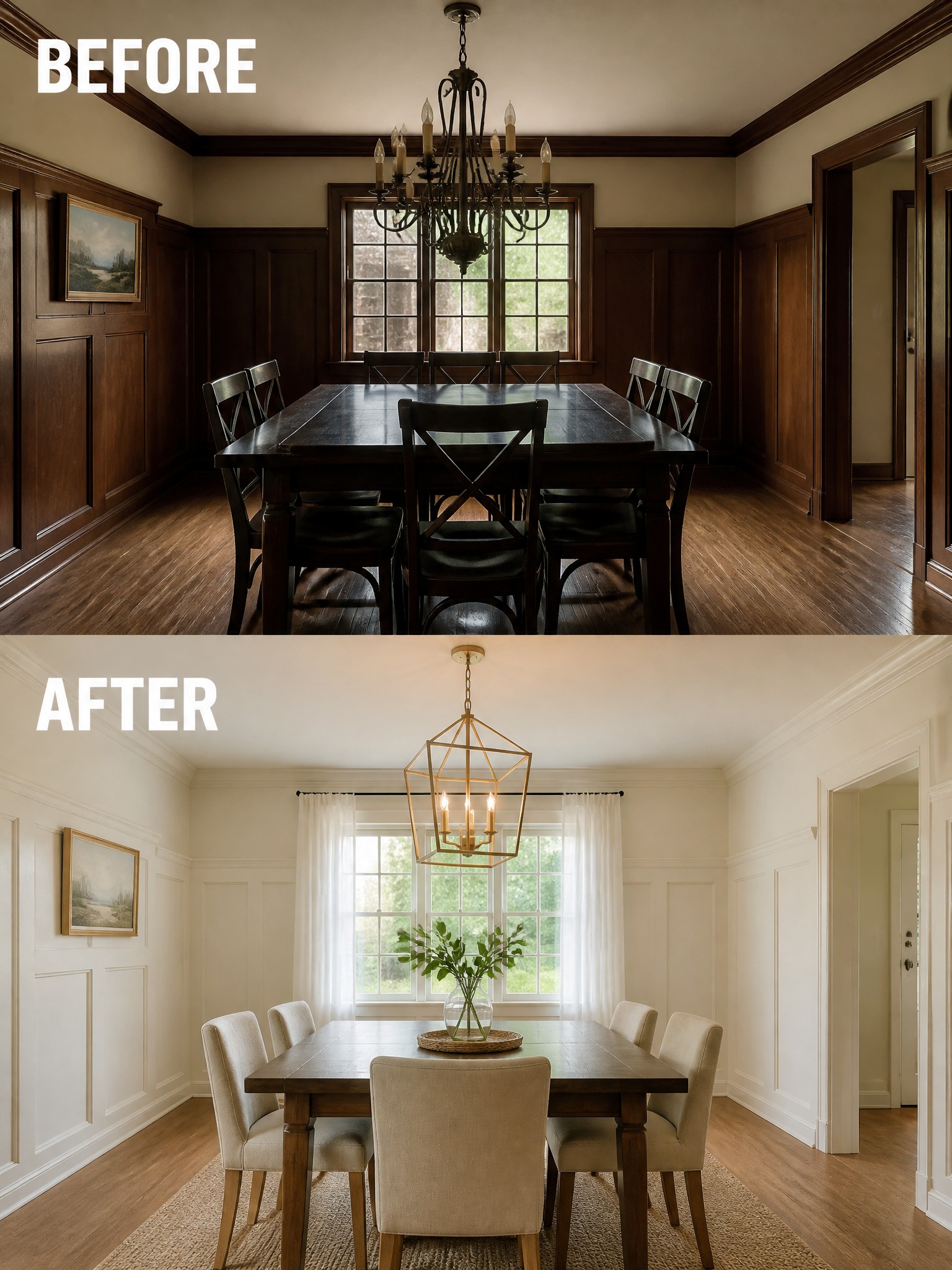 Dining room transformation: dark wood to light walls, modern chandelier, soft furnishings.