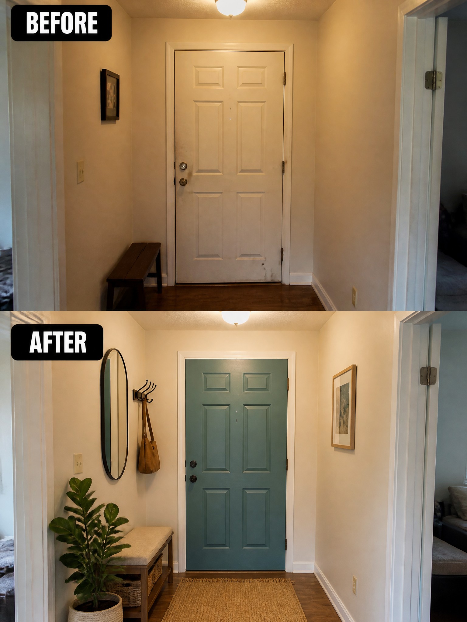 A hallway transformation showing a new teal front door and updated decor.