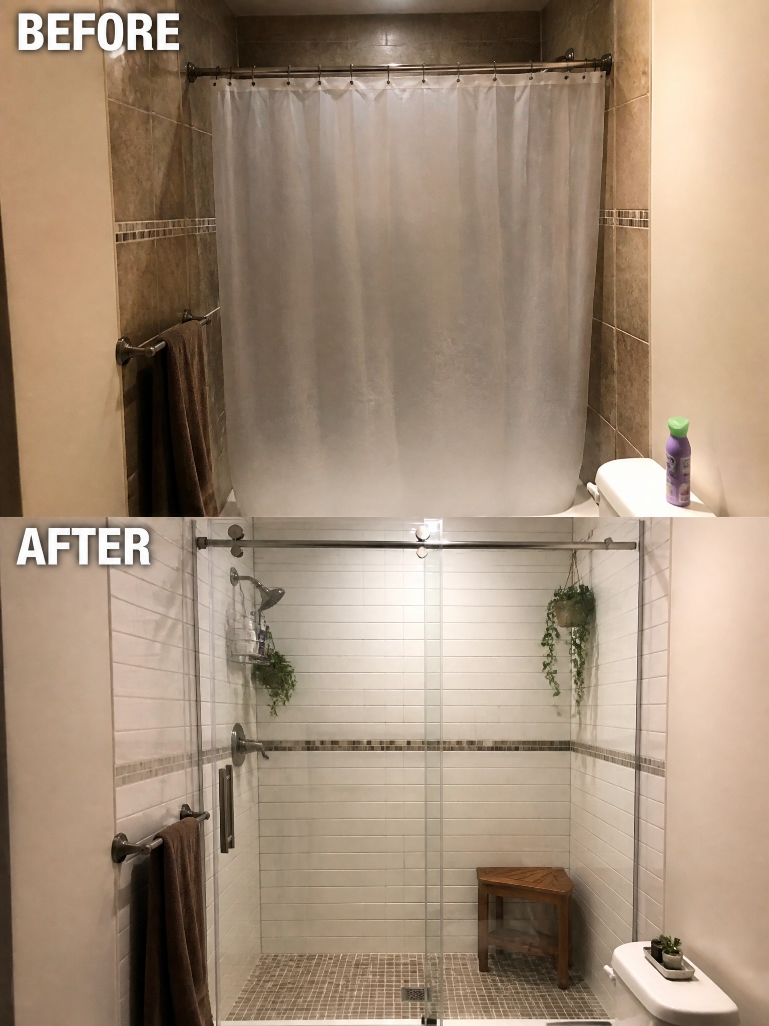 Before-and-after comparison of a shower: from a curtain to a glass enclosure with plants.