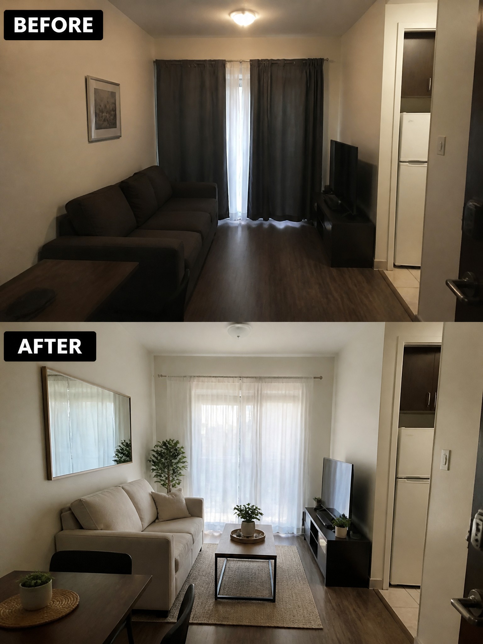 Before and after living room transformation, featuring different sofas, decor, and lighting.