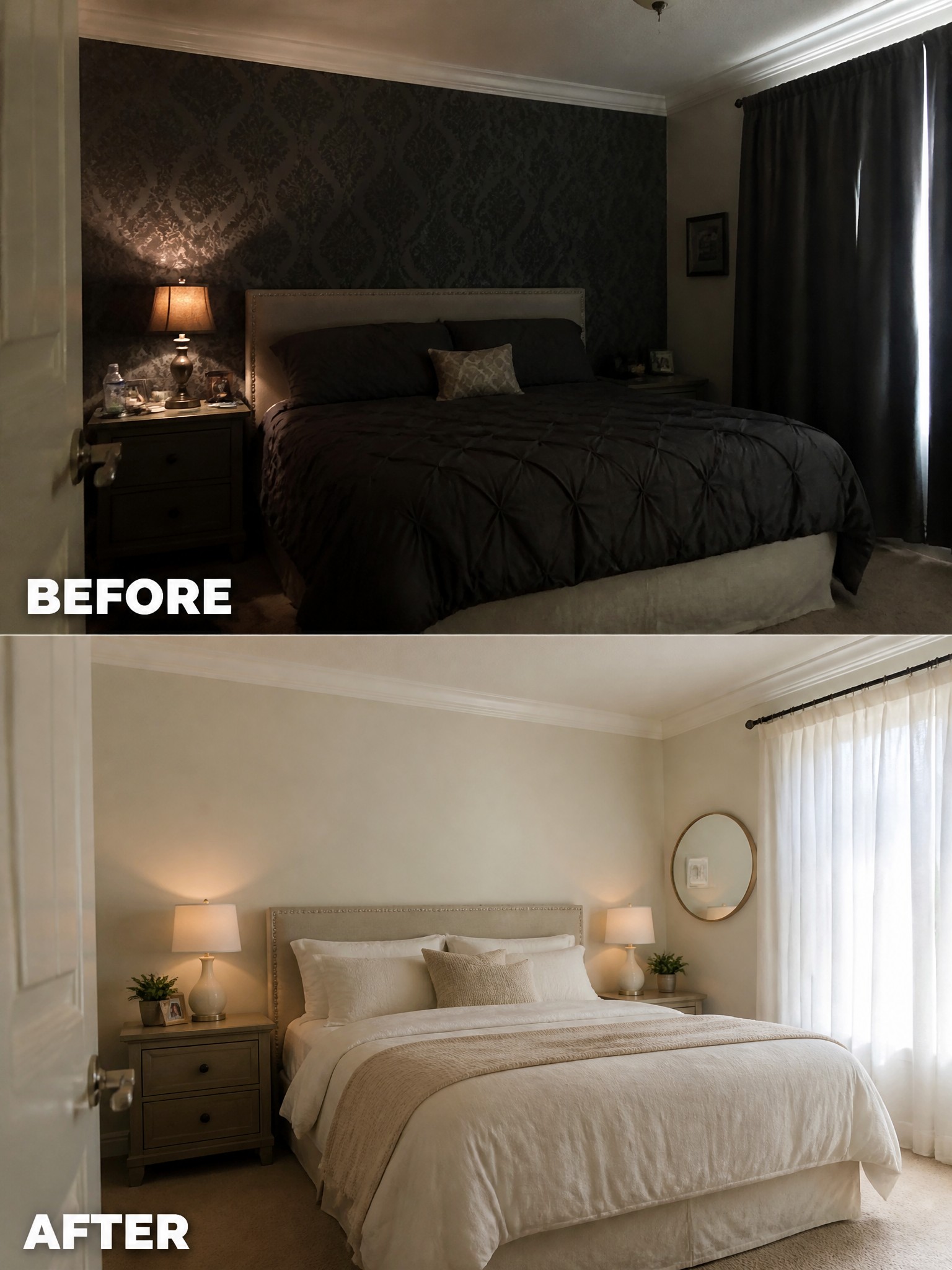 Before-and-after image of a dark bedroom transformed into a light neutral bedroom with white bedding and fresh wall color.