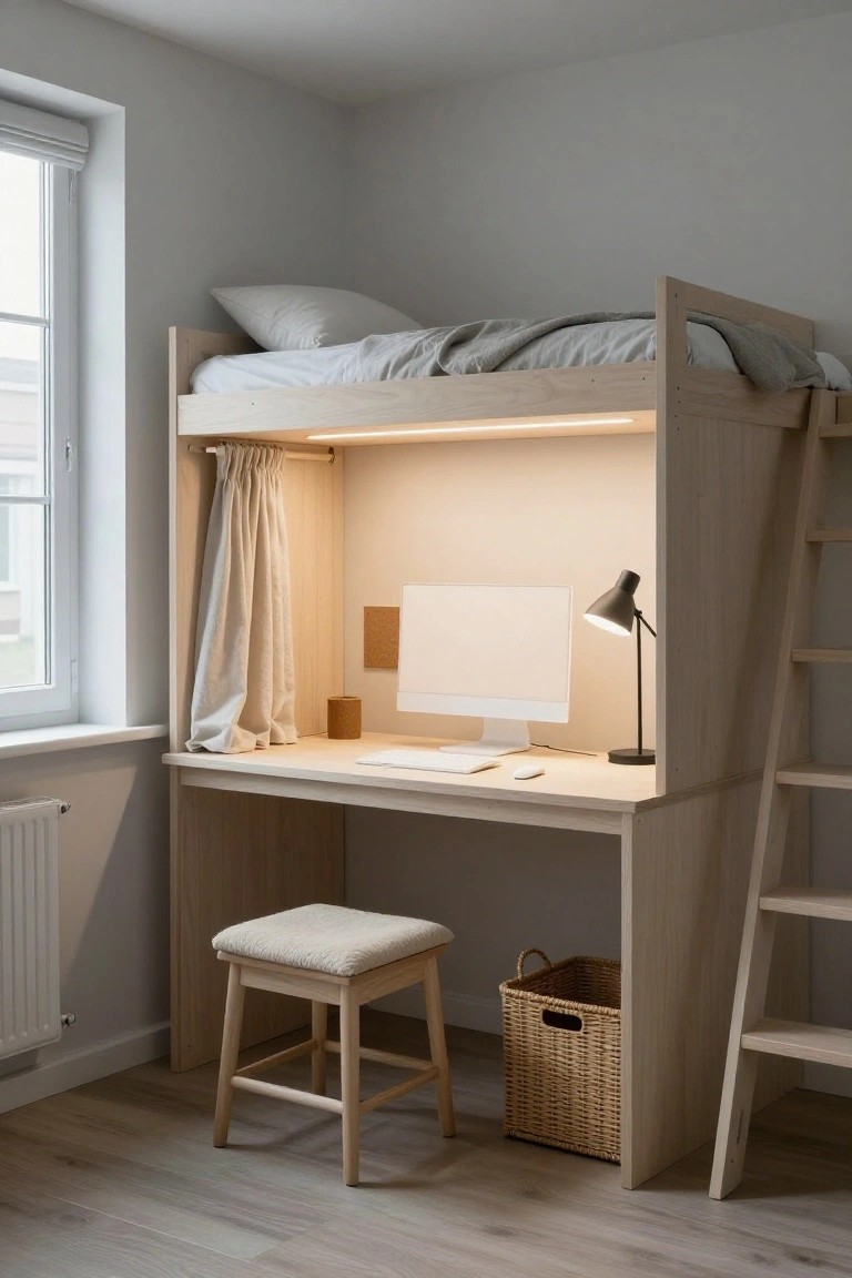 Wooden lofted bunk bed with gray bedding above a built-in light wood desk holding a white monitor, keyboard, mouse, black desk lamp, and corkboard, plus a woven basket and stool nearby in a small neutral room.