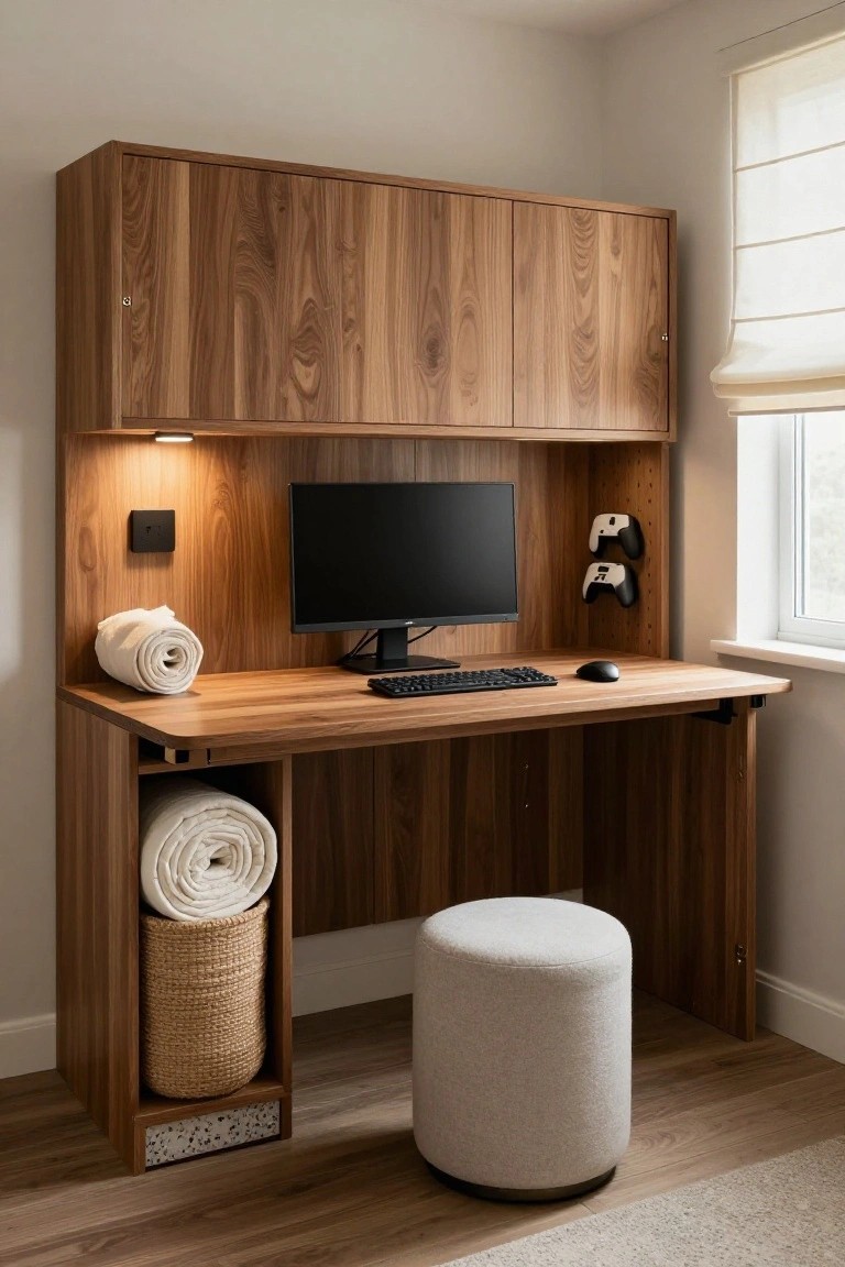 Wooden corner desk with hutch in a light room, featuring black monitor, keyboard, mouse, two white Nintendo Switch controllers mounted on side panel, rolled white towels on top and in lower storage cubby with wicker basket, and white pouf stool.