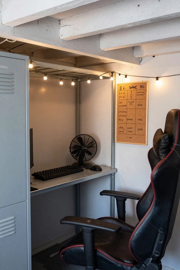 Small indoor gaming setup in a corner enclosed by a gray metal shelving unit with desk, monitor, keyboard, gaming chair, string lights, fan, and corkboard on wall.