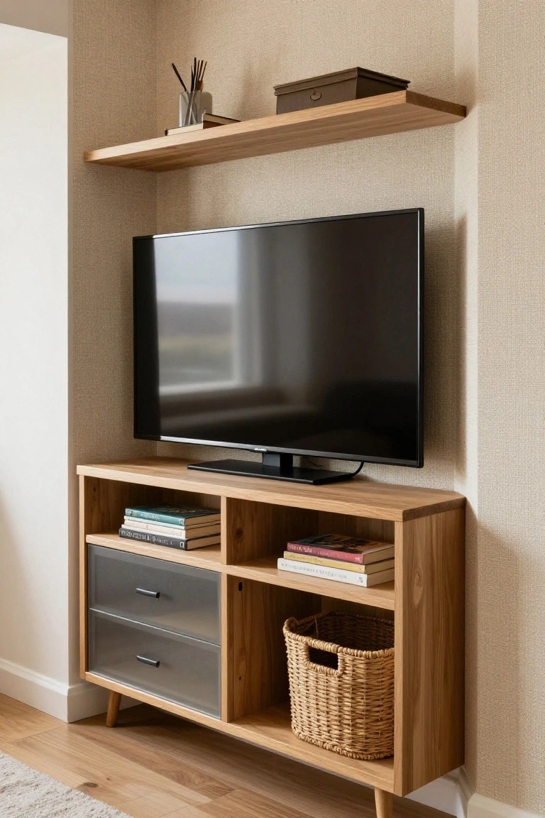 Wooden TV stand with angled legs holding a black flat-screen TV, open shelves with stacked books and a woven basket, and metal-frame drawers, placed against a beige textured wall with floating oak shelves above in a light-filled room.