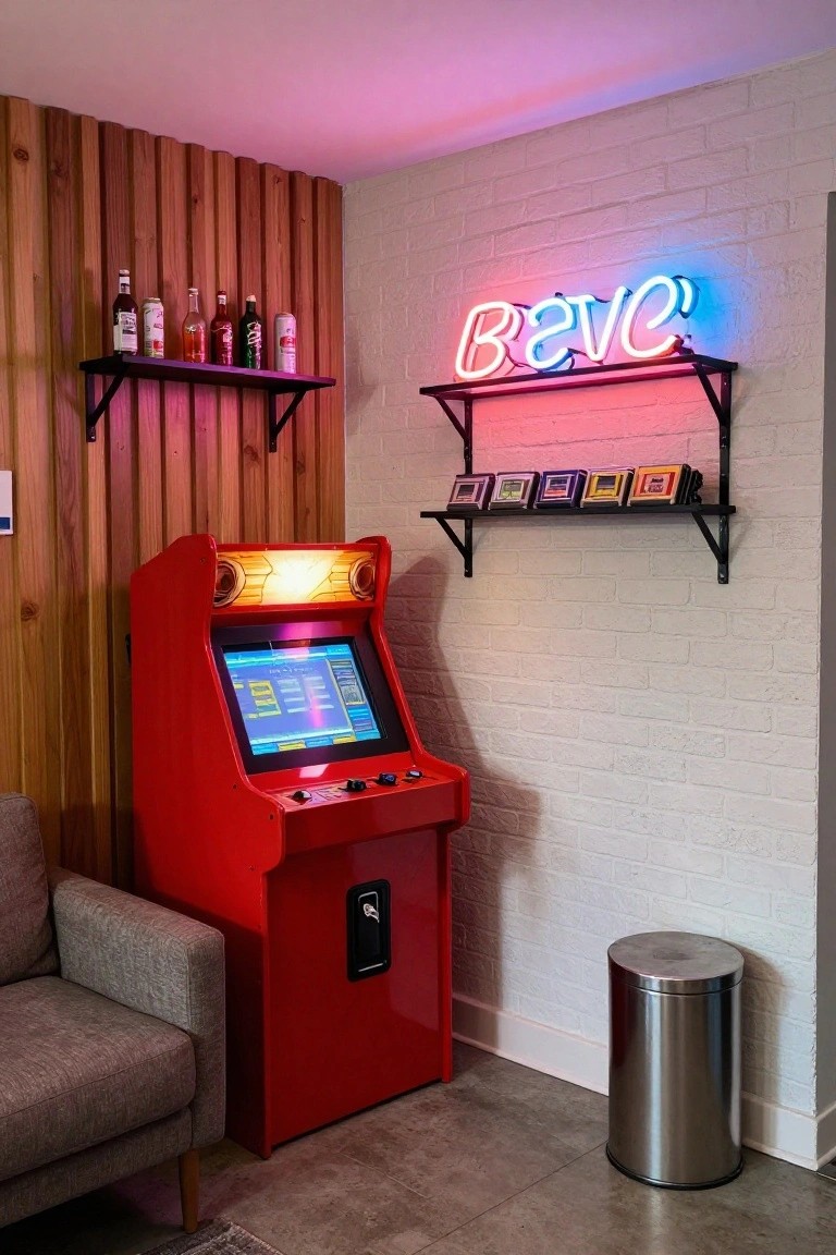 Compact indoor gaming corner with red upright arcade machine next to gray armchair, wooden accent wall, neon BEVC sign on shelves above, bottles on rack, small frames, white brick wall, and stainless steel trash bin on tiled floor.