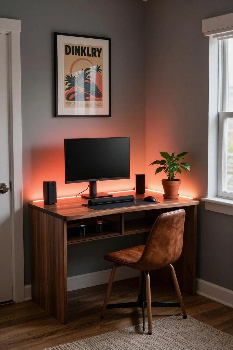 A wooden corner desk in a gray-walled room holds a black monitor, mouse pad, keyboard, and black speakers with orange RGB LED strips glowing underneath, next to a leather chair, potted plant, and framed poster.