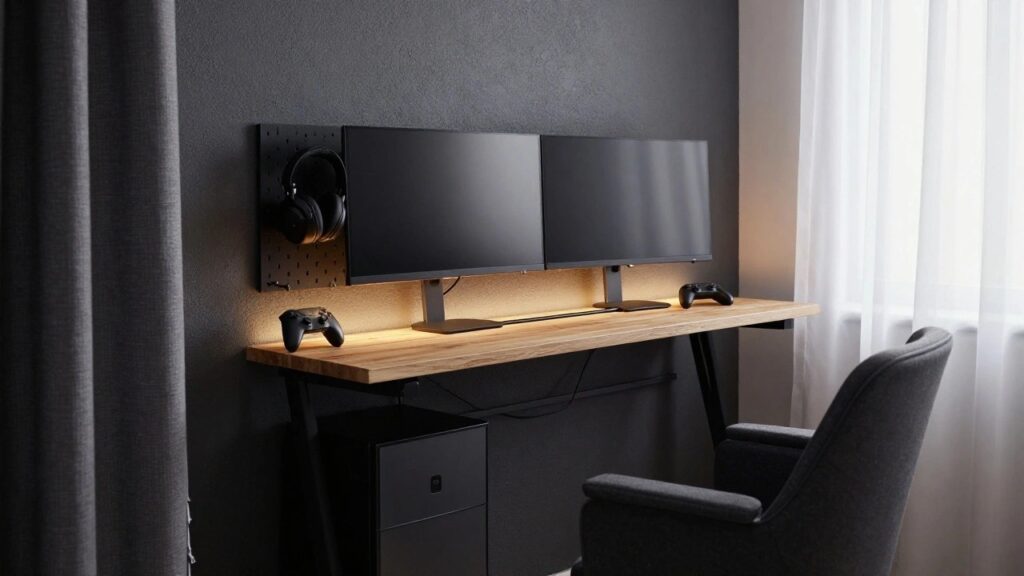 Corner indoor gaming setup with dual black monitors on a wooden wall-mounted desk, black mesh office chair, pegboard wall holding PlayStation controllers and black headphones, fabric-covered under-desk drawer, and soft lighting.