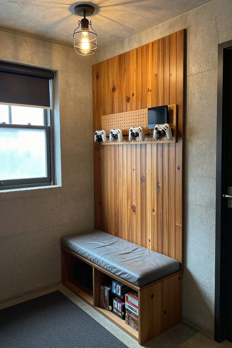 Small indoor corner with light gray concrete walls, tall wooden plank panel on one side holding pegboard with four white PlayStation controllers, wooden bench with gray cushion and open shelves below containing board game boxes, black door nearby, and roller blind window opposite.