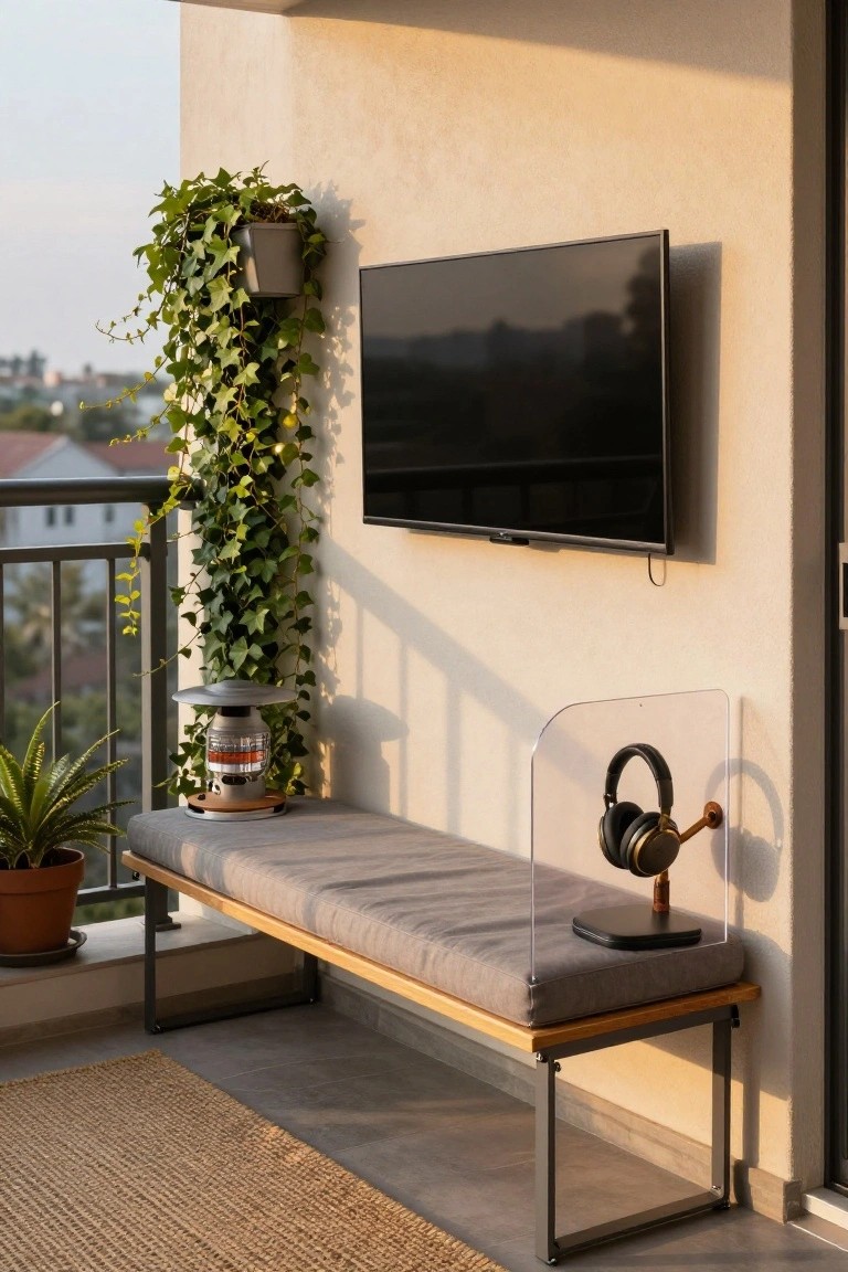 Small outdoor balcony featuring a cushioned bench on metal legs, wall-mounted black TV above it, ivy climbing the wall, potted plants, clear acrylic headphone stand, cylindrical lamp on a base, and seagrass rug on tiled floor with city view.