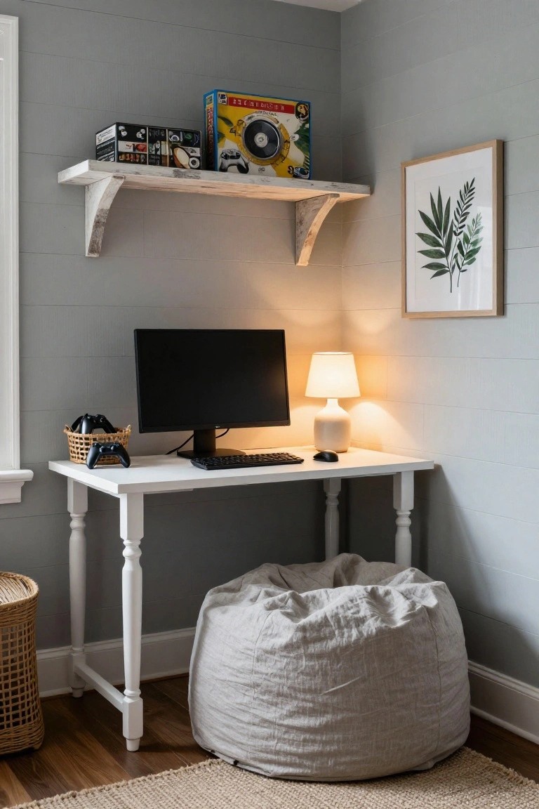 Corner of a light gray shiplap-walled room with a white wooden desk supporting a black monitor, keyboard, mouse, white lamp, and woven basket of black game controllers, floating whitewashed shelf above holding boxes and speakers, large beige bean bag chair beside desk, wooden floor, seagrass rug, and wicker basket nearby.