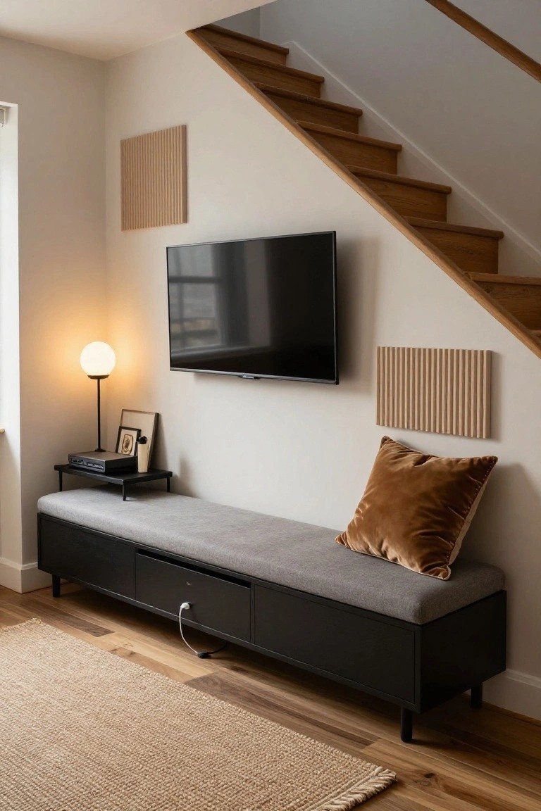 Small indoor nook with black storage bench topped by gray cushion and brown pillow, wall-mounted TV, black metal shelf with electronics and lamp, beige acoustic wall panels, wooden stairs, on wood floors with beige rug.