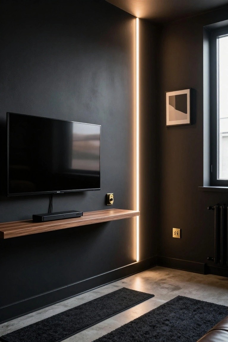 Small dark interior room with black walls, wall-mounted flat-screen TV above a floating wooden shelf holding a black media console, vertical glowing LED light strip along one wall corner, gold electrical outlets, a framed abstract artwork, window, radiator, black rugs on concrete floor, and leather chair corner visible.