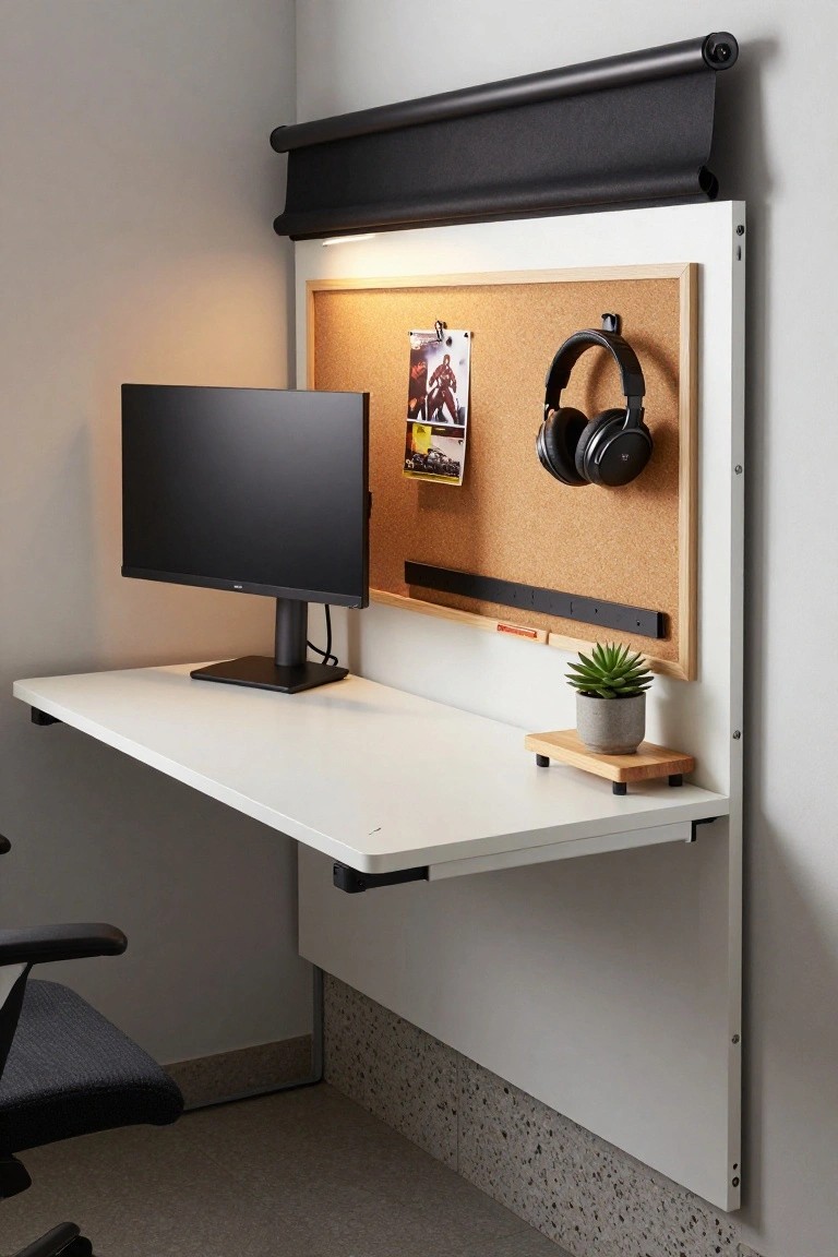 A white wall-mounted desk in a room corner with a black monitor on it, corkboard above holding photos and headphones, a small potted succulent on a wooden stand, black roller blind overhead, and gray office chair below.