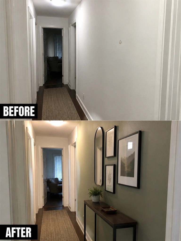 Before and after hallway renovation with green paint, mirror, and console table