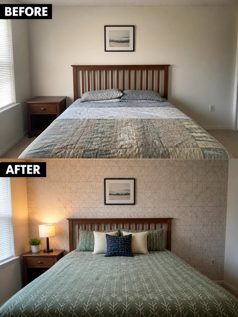 Before-and-after image of a bedroom with plain walls updated by adding a patterned accent wall, new bedding, and a bedside lamp.