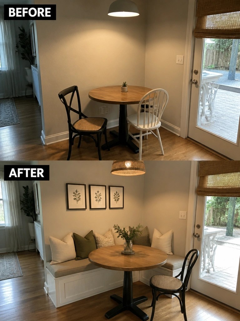 Before and after of dining nook with round table and built-in bench seating