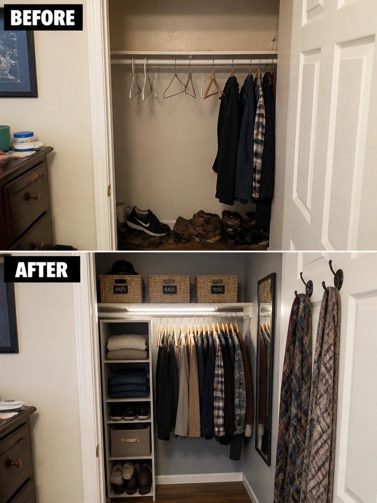 Before-and-after image of a cluttered closet reorganized with added shelves, storage bins, hanging space, and under-shelf lighting.
