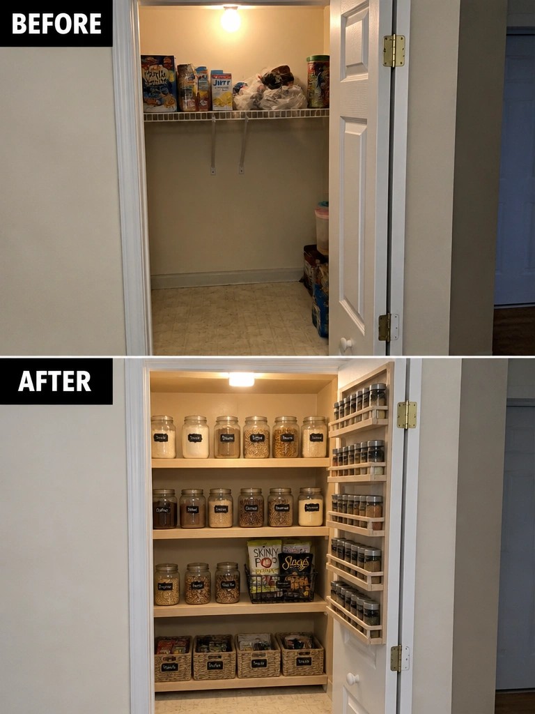 Before-and-after pantry closet: cluttered wire shelf versus organized jars, baskets, and spice racks