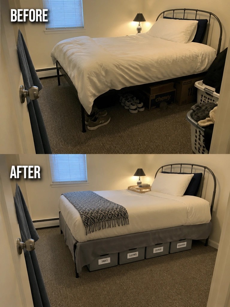 Before-and-after image of a cluttered bedroom with items under the bed changed into an organized bedroom using storage bins under the bed.