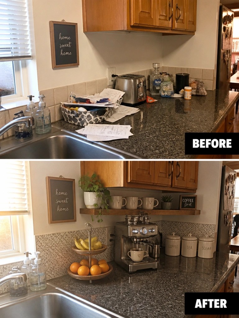Before-and-after image of a cluttered kitchen counter transformed into an organized space with a coffee maker, fruit stand, and labeled canisters.