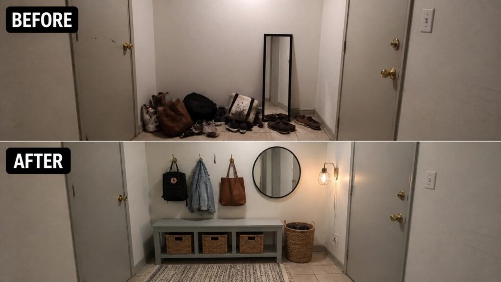 Before-and-after image of a cluttered entryway transformed into an organized space with wall hooks, a storage bench, baskets, a rug, and a floor lamp.