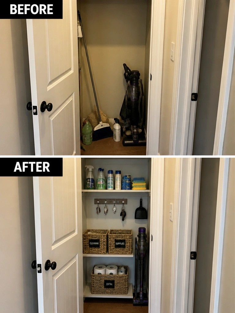 Before messy and after organized closet with shelves and labeled baskets.