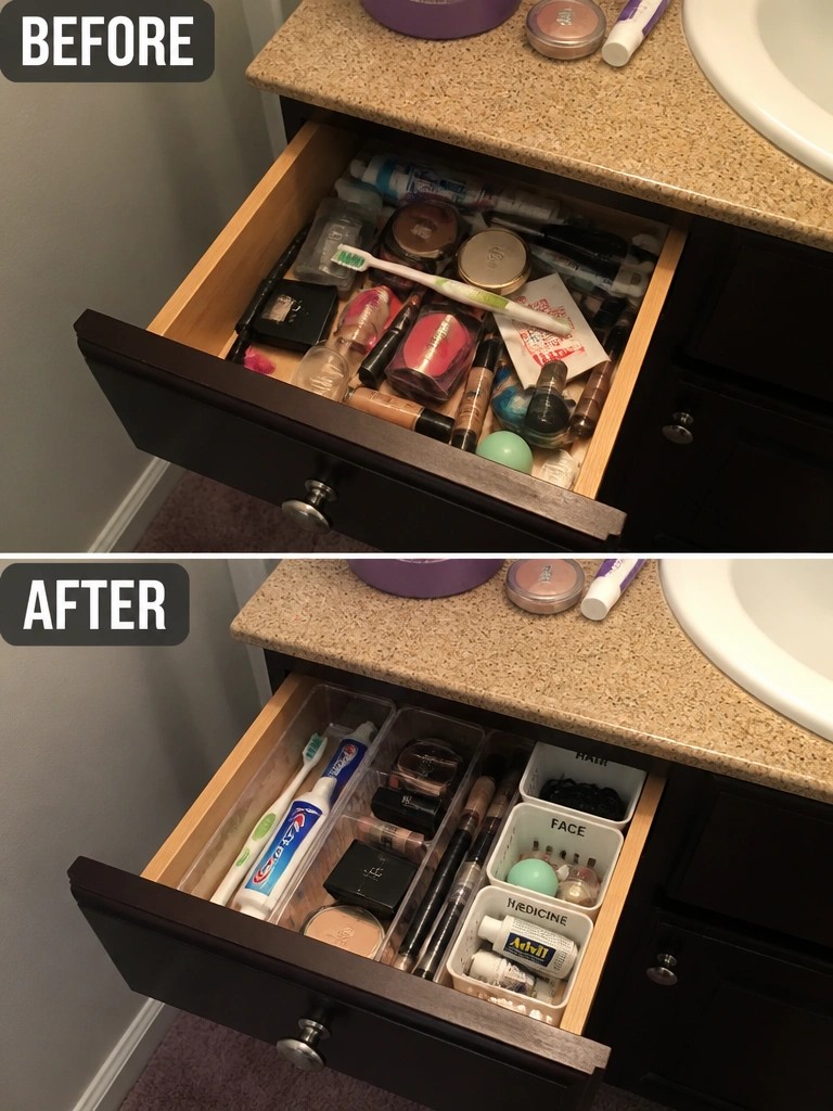 Before-and-after image of a cluttered bathroom drawer reorganized with clear plastic bins and labeled sections.