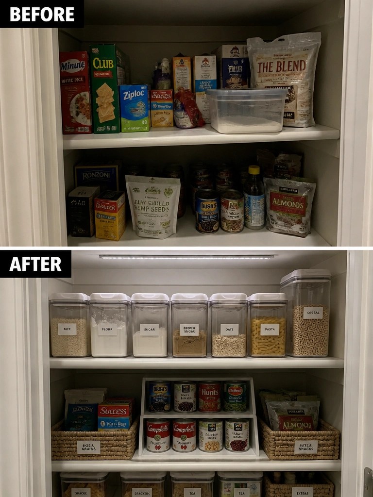 Before-and-after image of a cluttered pantry cabinet transformed into an organized space with labeled clear containers on the top shelf and grouped baskets below.