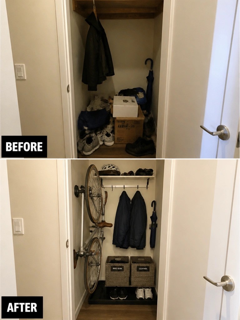 Cluttered closet before and after, now organized with mounted bike, coats, and baskets