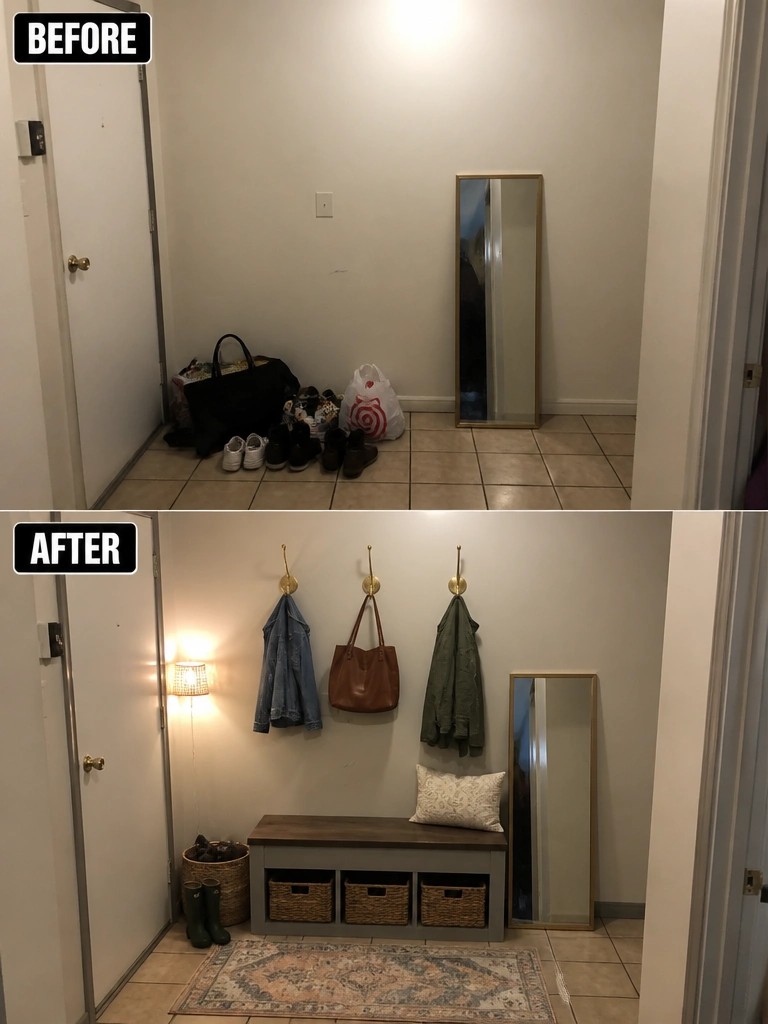 Before-and-after image of a cluttered entryway transformed into an organized space with wall hooks, a storage bench, baskets, a rug, and a floor lamp.