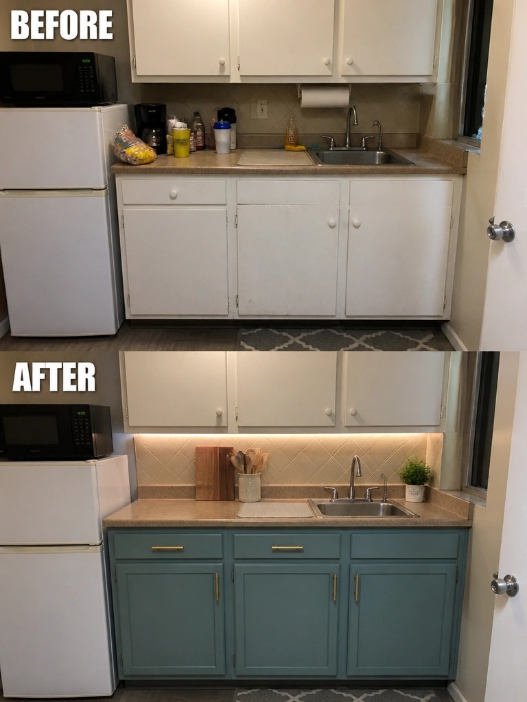 Before and after kitchen remodel with teal cabinets, gold handles, and under-cabinet lighting