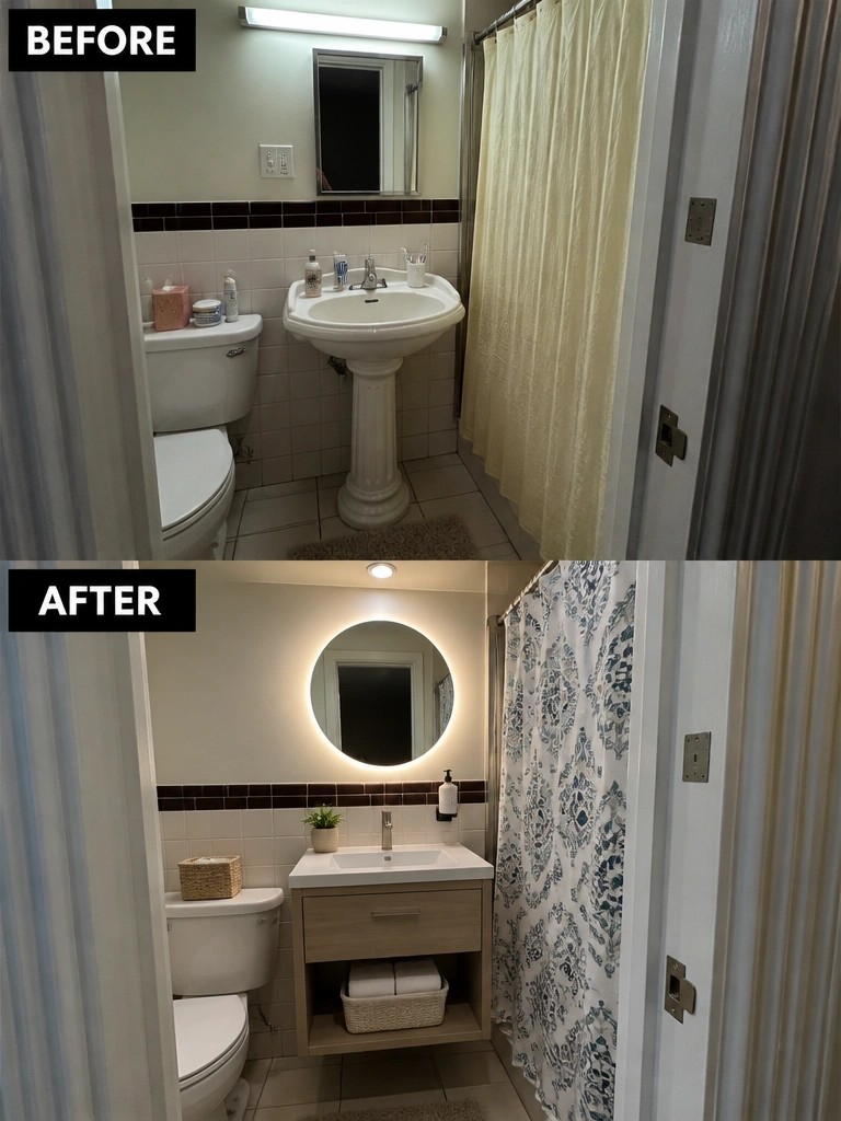 Before and after bathroom remodel with new vanity, round lit mirror, and shower curtain
