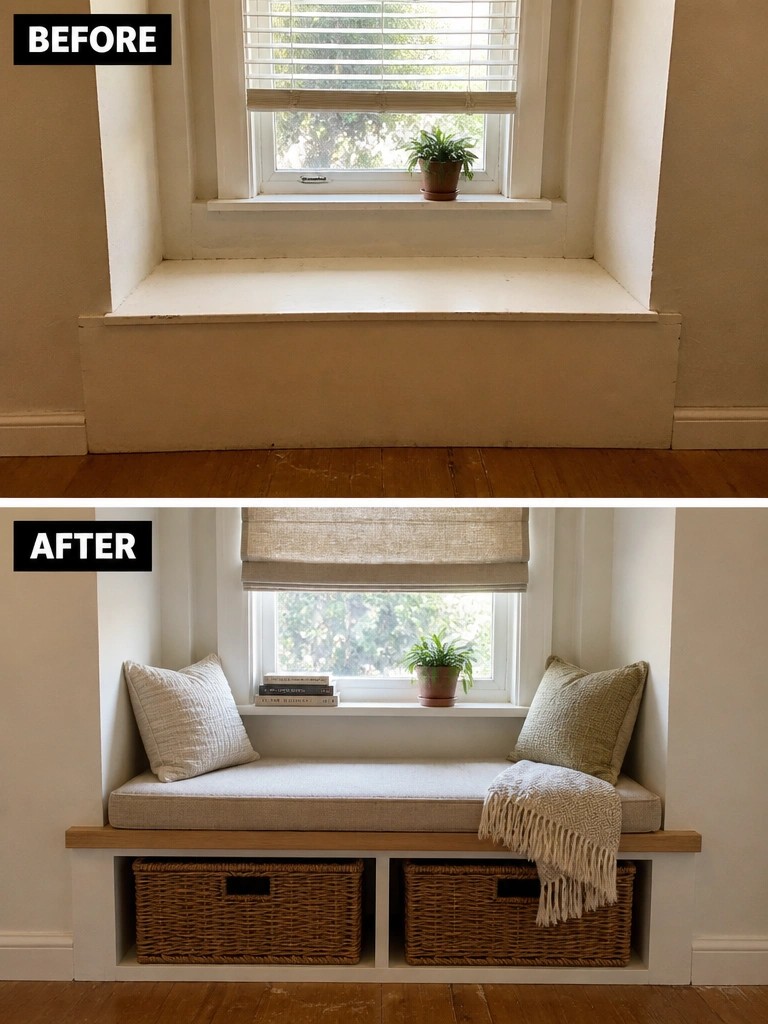 Before and after of plain window seat upgraded with cushion, pillows, and basket storage.