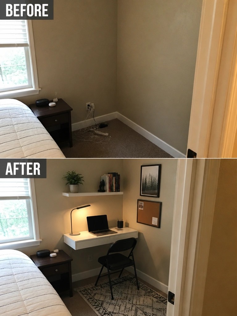 Before-and-after image of a bedroom corner changed from a cluttered empty space into a simple workspace with a floating desk, shelf, and chair.