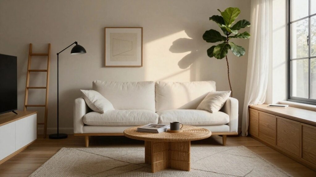 Bright living room featuring a cream sofa, round rattan coffee table with books and mug, fiddle leaf fig plant on a wooden window bench with drawers below, ladder shelf with books, black floor lamp, abstract wall art, sheer curtains, and light rug on wood floor.