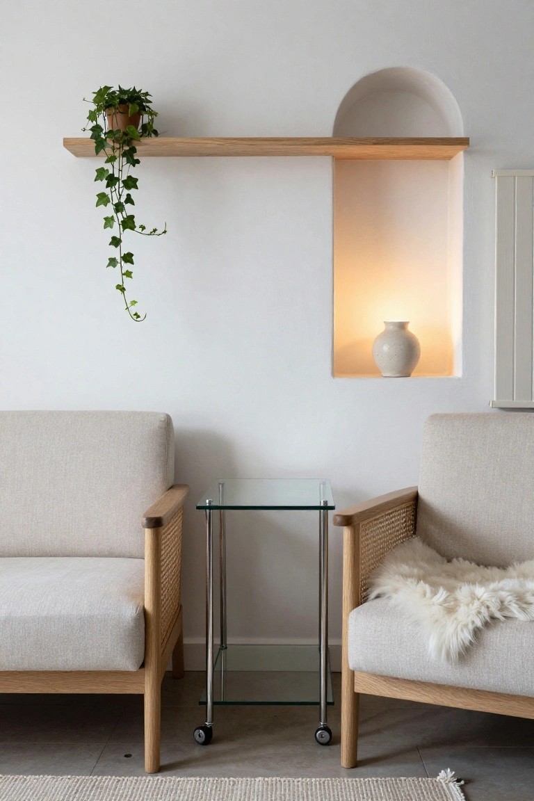 White living room corner with two beige upholstered armchairs on wood frames flanking a clear glass-topped table on wheels, floating oak shelf holding potted ivy plant above an illuminated arched wall niche with white vase inside.