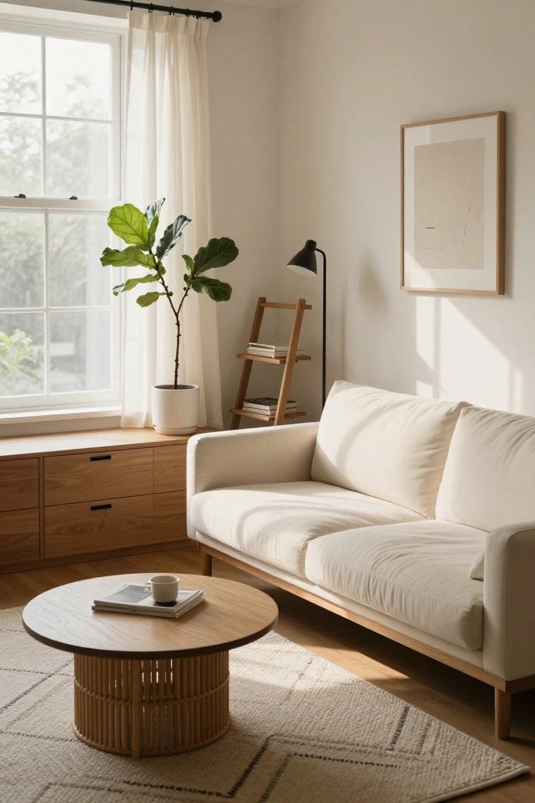 Bright living room featuring a cream sofa, round rattan coffee table with books and mug, fiddle leaf fig plant on a wooden window bench with drawers below, ladder shelf with books, black floor lamp, abstract wall art, sheer curtains, and light rug on wood floor.