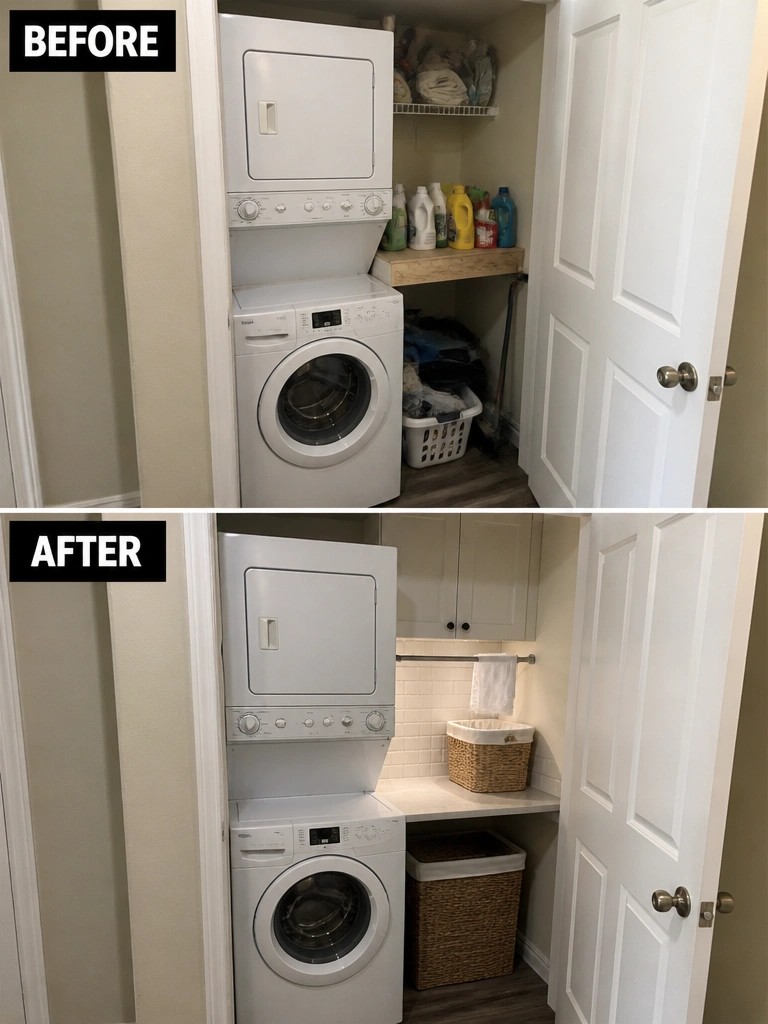 Before and after stacked washer-dryer in renovated white laundry closet.