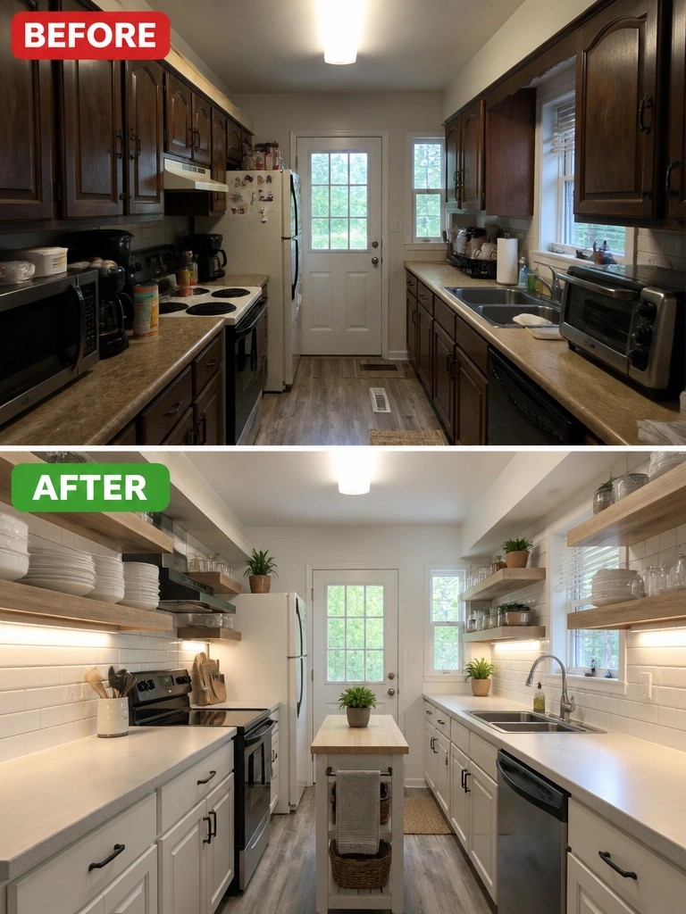 Before-and-after image of a dark cluttered kitchen transformed with white cabinets, open shelving, and a central island.