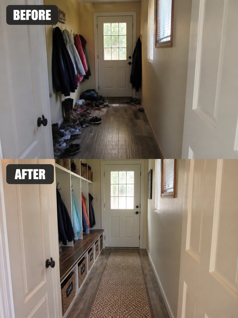 Before-after hallway makeover: messy coats/shoes vs. organized cubbies, bench, baskets, runner rug.