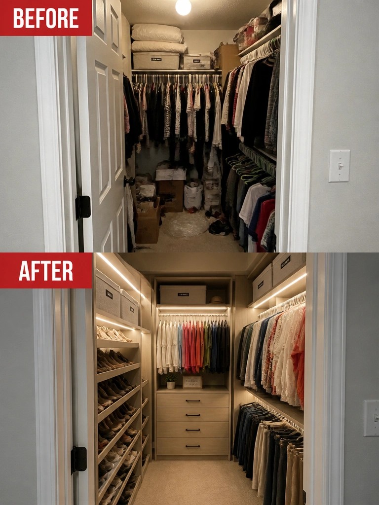 Before-and-after image of a cluttered closet reorganized with built-in shelves, drawers, hanging rods, and LED strip lighting.