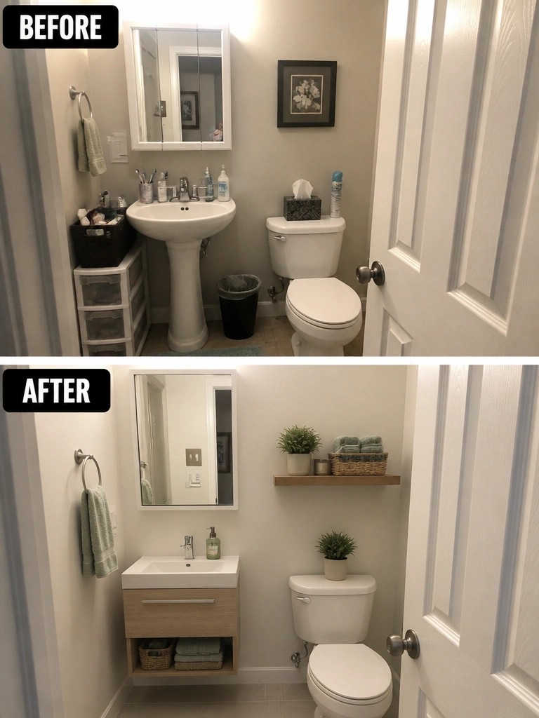 Before-and-after image of a small bathroom with a pedestal sink changed to a floating vanity with storage and a simple wall shelf.
