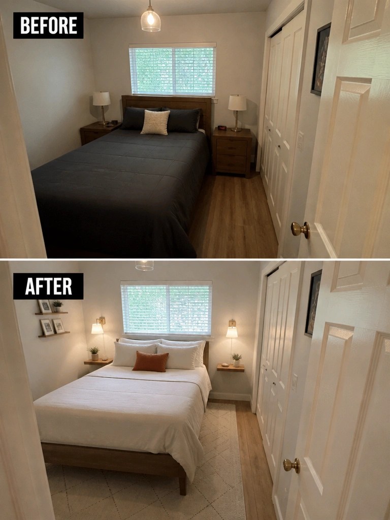 Before and after bedroom makeover with new bedding, lamps, and floating shelves