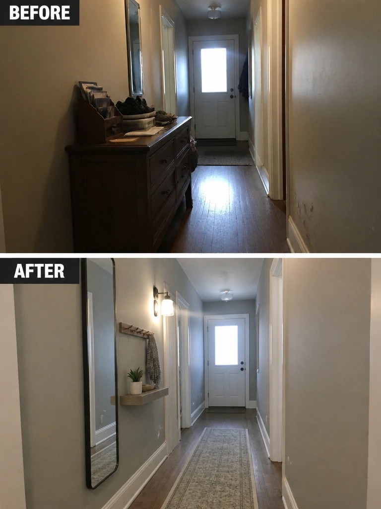Before-and-after image of a cluttered hallway updated by removing a large console table and adding a wall mirror, floating shelf, sconce, and runner rug.