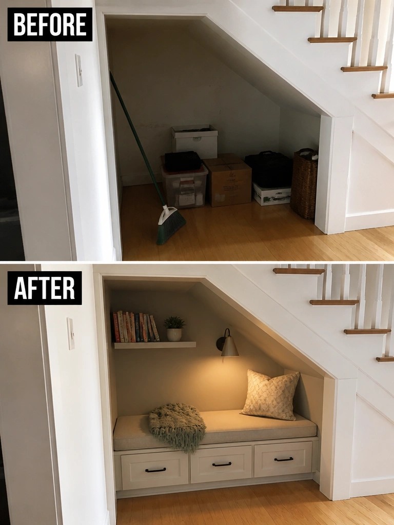 Before-and-after image of a cluttered under-stair storage area transformed into a built-in bench with drawers, a shelf, and seating cushions.
