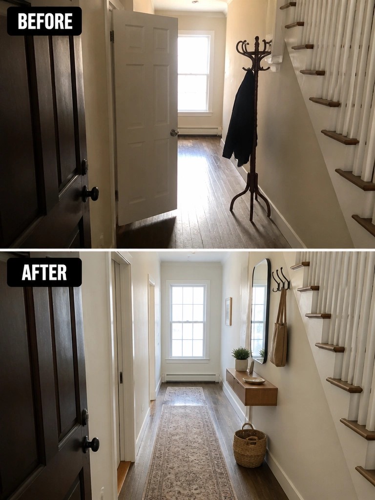 Before and after hallway with dark door, stairs, coat rack, rug and floating shelf