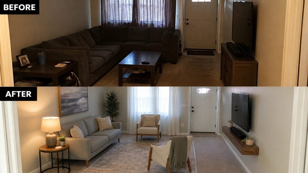 Before-and-after image of a dark living room with a large sectional sofa changed into a brighter space with a light sofa, two armchairs, and a central coffee table.