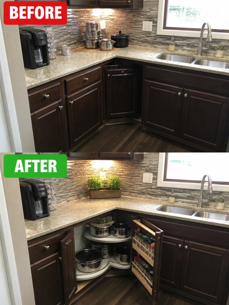 Before and after of kitchen corner with organized lazy Susan and spice rack