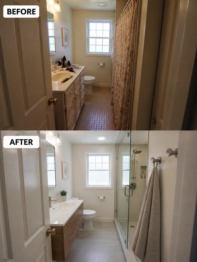 Before and after of narrow bathroom with modern floating vanity and glass shower